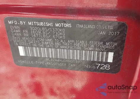 2017 Mitsubishi Mirage Se from USA, damaged, VIN ML32A4HJ0HH019870